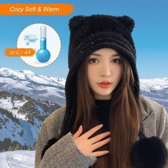 Women Black Winter Sherpa Beanie Hats Knit Ear Flaps Peruvian Cover Ears main image 7